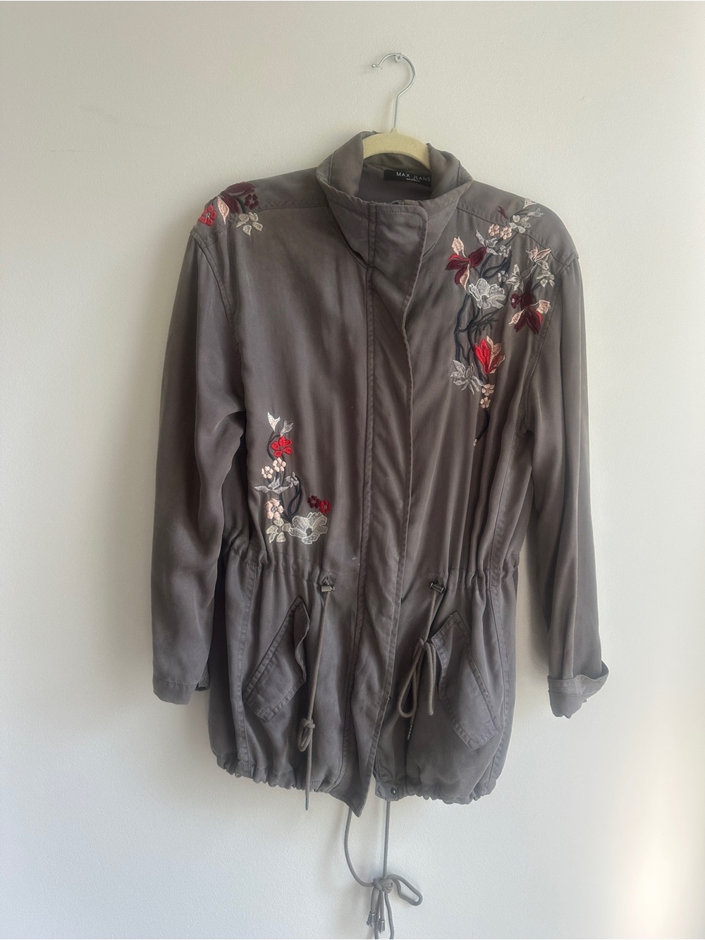 Madison Gray Floral-Embroidered Drawstring Utility Jacket